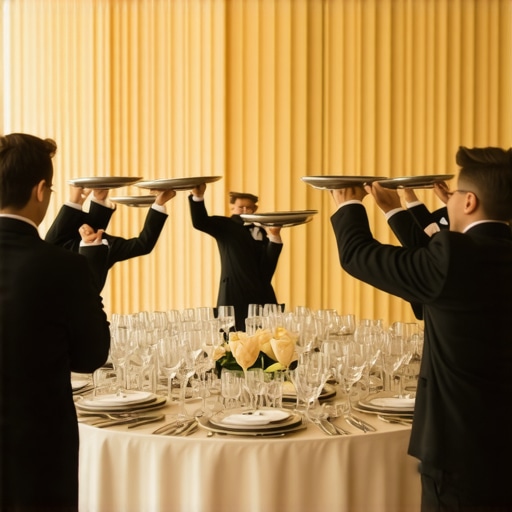 Professional servers delivering plates simultaneously at a luxury wedding event.
