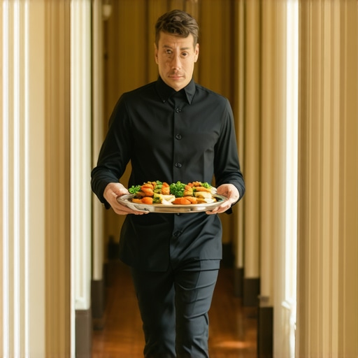 A kitchen runner moving food quickly through a luxury wedding venue service corridor