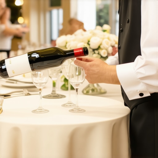 A professional wedding server pouring wine while keeping distance from floral arrangements