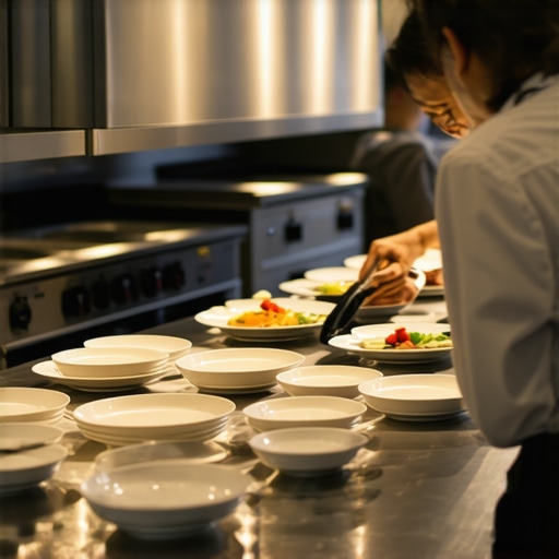 An organized luxury catering plating station featuring heated plate holding cabinets and warm ambient lighting.