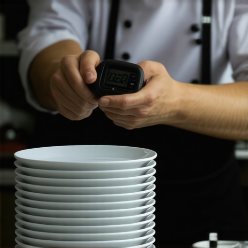 A chef monitoring pre-heated plates for a silent wedding service.
