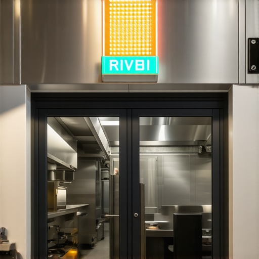 A high-visibility LED beacon and signage at a catering service entrance to ensure delivery awareness in loud environments.